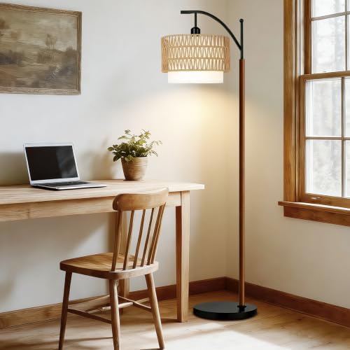 QIYIZM Boho Floor Lamp for Living Room,Bedroom,Rattan Standing Lamp with Remote Dimmable,Wood Vintage Mid Century Modern Black Tall Lamp Wicker Lamp Shade Floor Lights Bohemian Tiffany Style - Image 5