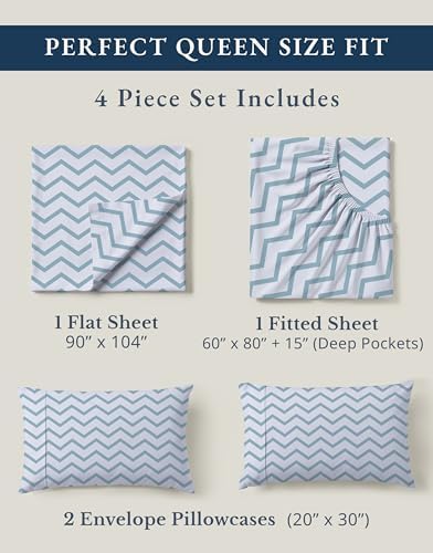 LANE LINEN Queen Sheet Set 100% Organic Cotton Cooling Soft 4pc - Chevron - Image 4