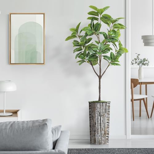 Artificial Tree in Black and Brown Striped Planter, Fake Magnolia Tree for Indoor and Outdoor Home Decoration - 70" Overall Tall (Plant Pot Plus Tree) - Image 3