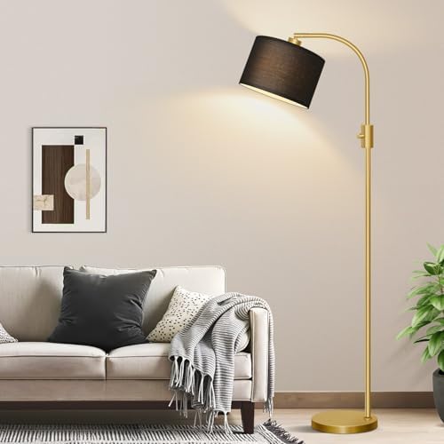 Nintiue Upgraded Modern Arc Dimmable Tall Standing Floor Lamp with Black Shade, 1200 Lumens LED Bulb Included, for Living & Reading Room, Bedroom, Office & Nursery, Gold by Nintiue