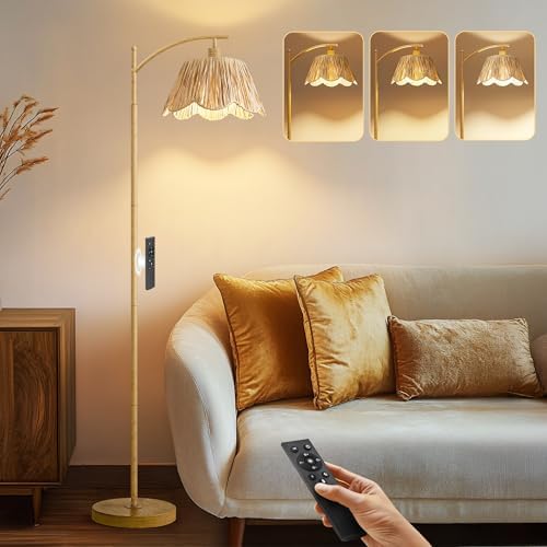 Oneach Arc Floor Lamp for Living Room with 3 Color Temperatures, Rattan Boho Floor Lamp with Remote & Dimmable Bulb, Farmhouse Floor Lamps Suitable for Bedroom, Study(Light Woodgrain) by Oneach