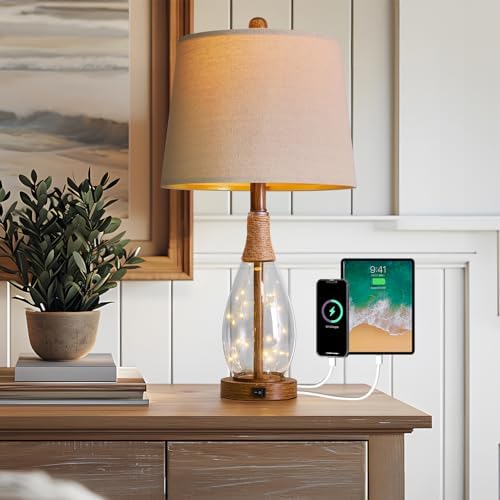 OYEARS 23" USB A+C Table Lamp for Bedroom Living Room Modern Bedside Lamps Retro Farmhouse Rattan Glass Nightstand Nightlight Lamps,Two Light Points - Image 6