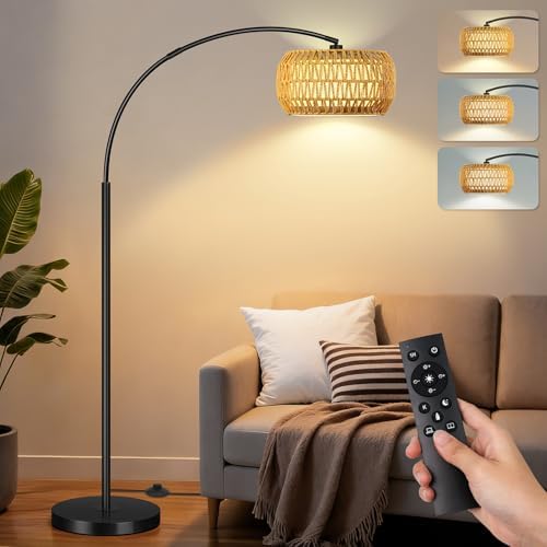 Arc Floor Lamp for Living Room, Rattan Boho Floor Lamp with Remote Control, Black Standing Lamp with 3 Color Temperatures & Dimmable LED Bulb, Tall Lamp for Bedroom, Over Couch Arched Reading Light by LAMP
