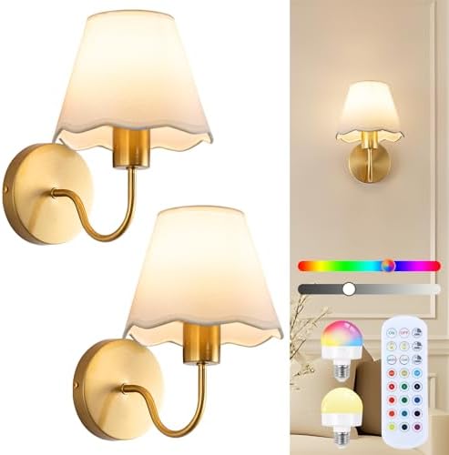 ADISUN Battery Operated Wall Sconce Set of 2, Gold Wall Lamps Rechargeable Bulbs for Living Room, White Rattan Shade, Wireless Wall Lights for Bedroom Living Room Hallway Kitchen(2 Bulbs Included) by ADISUN