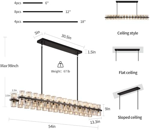Crystal Black Rectangle Chandelier for Dining Room,L54in Dining Room Chandelier Over Table,Modern Chandelier for Dining Room,Kitchen Island, Over the Dining Table, Includes 60xG4 Bulbs - Image 3