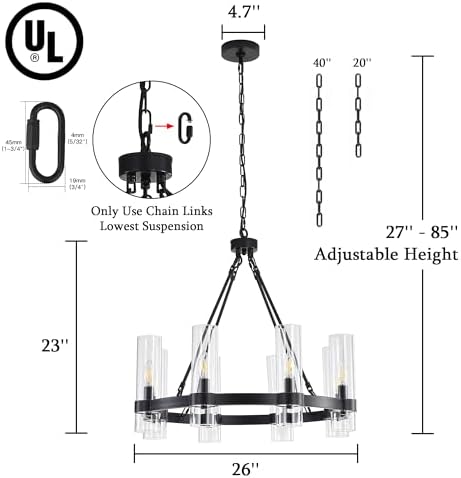 26 Inch Black Wagon Wheel Chandelier with Glass Shade, 8 Lights, Modern Farmhouse Style, Ideal for Dining Room, Kitchen, Entryways - Image 5