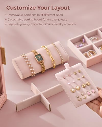 Glimmloop 360° Rotating Jewelry Box with 7 Drawers, Spacious Vertical Jewelry Organizer with Glass Window, Jewelry Storage Case, Dustproof & Moisture-resistant Design, Pink - Image 6