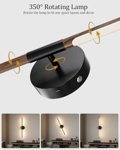 40" Battery Operated Wall Sconce Set of 2, 350° Rotating Lamp, Walnut Black - Image 3