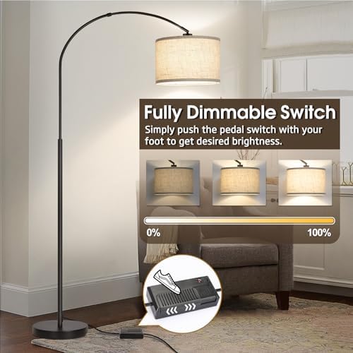 Dimmable Floor Lamp, Arc Floor Lamp with Dimmer, Black Standing Lamp with Adjustable Hanging Shade, Over Couch Tall Reading Light, Modern Pole Lamp for Living Room Bedroom, 9W LED Bulb Included - Image 3