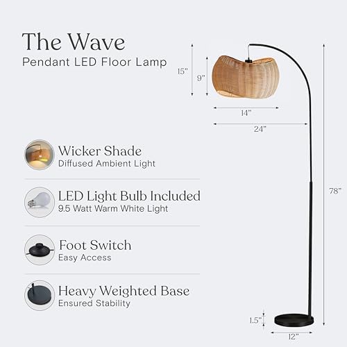 Brightech Wave Arc Floor Lamp - Chic Standing Lamp with Unique Hanging Wicker Pendant Shade for Living Room, Boho Rattan Natural Decor Lamp, Arcs Over Sofa, Bedroom & Office Desk for Reading - Black - Image 3