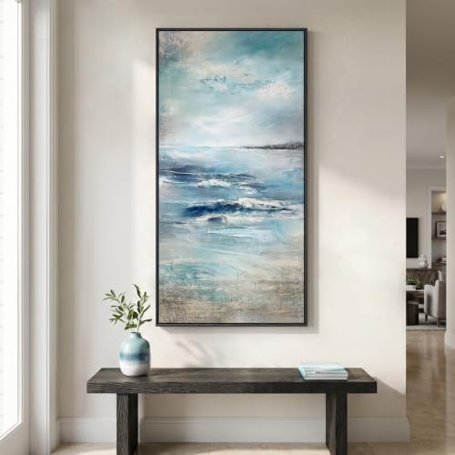 Framed Abstract Coastal Ocean Wall Art, Blue Vertical Art Print, 20x40 Inch by Cuspin
