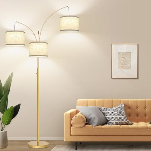 Dimmable Floor Lamp, 3 Lights Gold Arc Floor Lamp, Modern Tall Standing Tree Lamp with White Linen Shades & Heavy Base, 3000LM LED Bulbs, Bright Lighting for Living Room, Bedroom, Office & Reading - Image 6