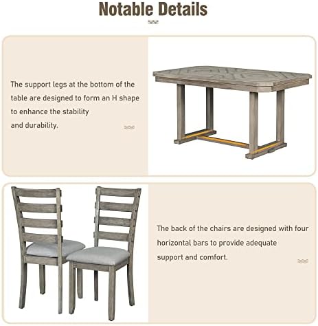 Solid Wood 6-Piece Dining Room Table Set with Beautiful Wood Grain Pattern Tabletop, Rustic Style Kitchen Dining Table Set with 4 Padded Ergonomic Chairs & a Bench (Gray-Grain) - Image 6