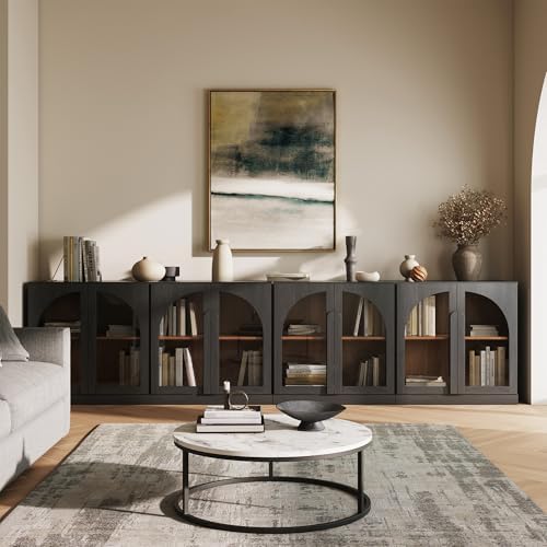 BELLEZE Bijou Set of 4 Wall-to-Wall Storage Cabinets (126" Wide) - Grand Sideboard Buffet System w/8 Arched Glass Doors - Massive Entertainment Center & Display Console for Living Room, Ebony - Image 5