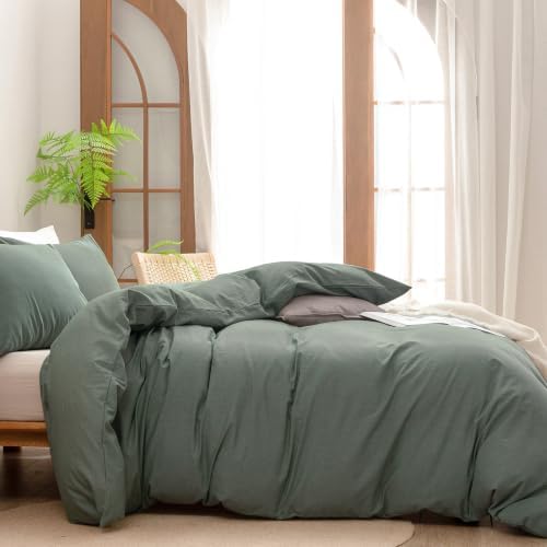 BESTOUCH Cotton Solid Duvet Cover Set Linen Feel Green King - Image 3