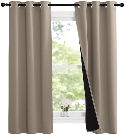 NICETOWN 100% Blackout Short Curtains with Black Liners, 2 Panels, 37" W by 60" L, Taupe, Solid Thermal Insulated Full Blackout 2-Layer Lined Drapes, Energy Efficiency Window Draperies for Bedroom by NICETOWN