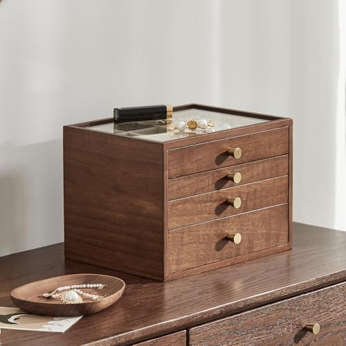 CHOSIN Black Walnut Jewelry Box for Women, 4-Layer Wooden Organizer with Glass Lid, for Watches, Necklaces, Rings & Earrings Storage Christmas Gifts - Image 2