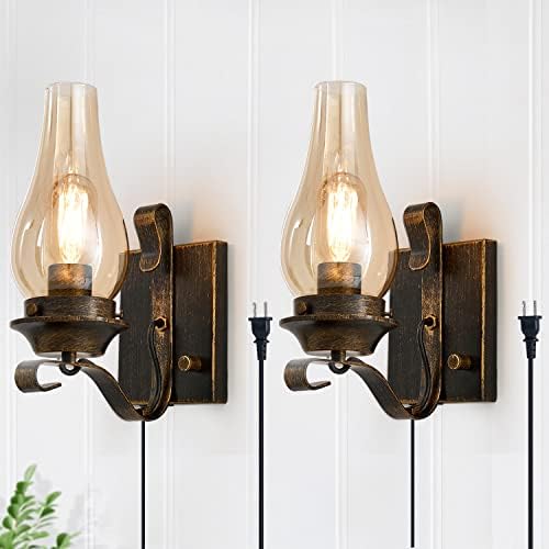 Yisuro Wall Sconces Sets of 2, Oil Rubbed Bronze Plug in Wall Sconce,Retro Rustic Wall Lamps,Sconces Wall Lighting with Amber Glass,Indoor Vintage Bedside Wall Lighting for Living Room Bathroom by YISURO