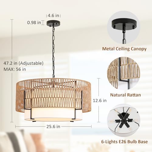 6-Light Large Rattan Chandelier for Dining Room, 25.6" Boho Pendant Light - Image 2