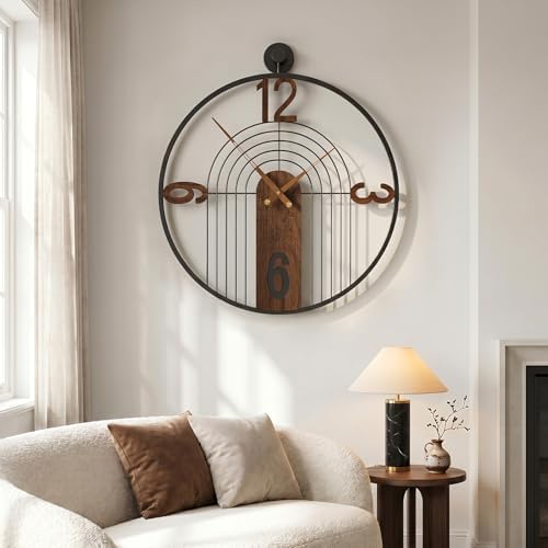 Cuspin 30 Inch Large Wall Clock Modern Black Metal Clock with Walnut Dial - Image 3