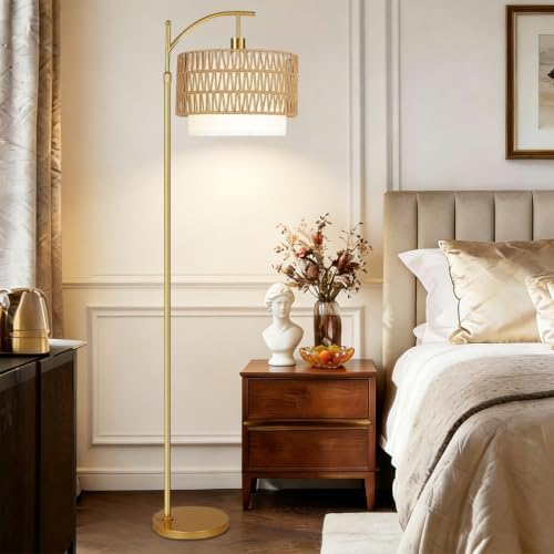 Gold Floor Lamps for Living Room Rattan Boho Floor Lamp with Remote Control & 3 Color Temperature, Dimmable Arc Floor Lamps Wicker Lamp Shades Brass Standing Lamp Tall Floor Lamp For Bedroom Corner - Image 6