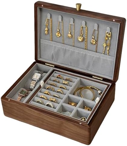 Bescott 2 Layer Solid Black Walnut Wooden Jewelry Box for Women Wood Vintage Organizer for Men Earrings Rings Necklaces Bracelet Watch Storage by Bescott