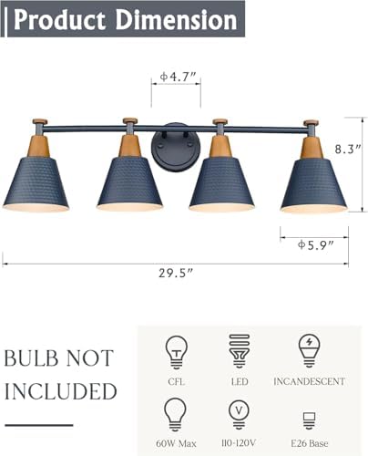 FEMILA 4-Light Bathroom Light Fixtures, Farmhouse Modern Vanity Lights Wall Lamp with Hammered Metal Shade Finish, Dark Blue, 4FG59B-4W Blue - Image 2