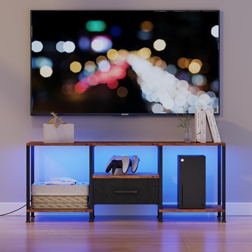 JARHETUN TV Stand with LED Lights, Entertainment Center with Open Shelves and Fabric Drawer, Media Console for 55 Inch TV, Television Stands, Living Room Furniture, Bedroom, Rustic Brown - Image 2