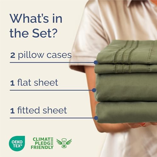 King Size 4 Piece Sheet Set - Breathable & Cooling Sheets - Sage Green - Image 2