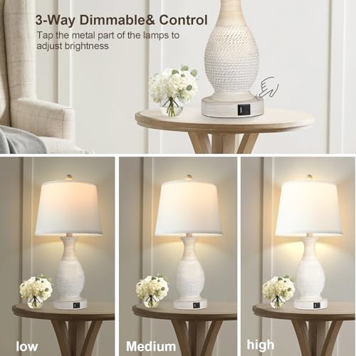 PARTPHONER Table Lamps Set of 2, Bedside Touch Lamp with USB C+A Charging Ports, Side Table Lamp with White Fabric Shade (LED Bulbs Included) - Image 3