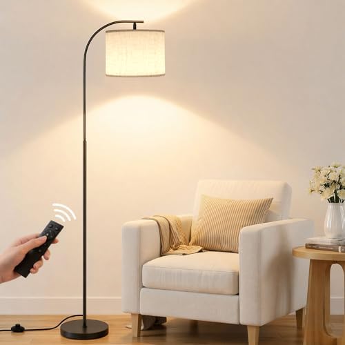 SIBRILLE Floor Lamp with Linen Shade, Arc Dimmable Tall Standing Lamp with Remote Control, Modern Floor Reading Light for Living Room Bedroom Office Corner, 9W LED Bulb Included by SIBRILLE