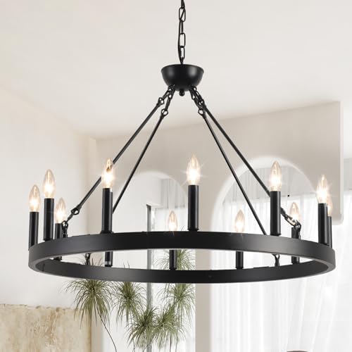 Wagon Wheel Chandelier 32" 12-Light Black Modern Farmhouse Chandeliers by VBKKLighting