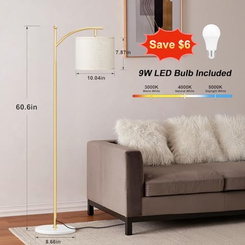 Ambimall 60" Floor Lamp for Living Room with 3 Color Temperatures, Gold Standing Lamp with White Marble Base, Modern Tall Lamp for Bedroom Office, 9W LED Bulb Included - Image 3