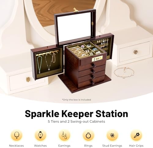 Wooden Jewelry Box, 5 Layers with 4 Drawers Large Locking Jewelry Organizer, Watches Necklace Ring Storage Box for Women (Dark Brown) - Image 2