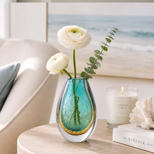 Decorative Glass Flower Vases Blown Vase for Home Decor Living Room Dining Room Shelf Mantel Tabletop Centerpiece Modern Art Deco Style Unique (Green) - Image 6