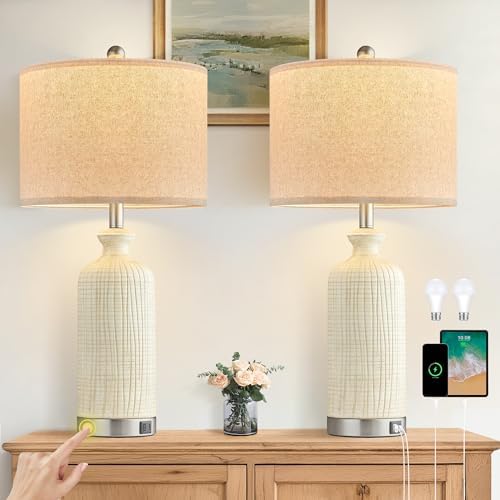 Living Room Lamps Set of 2, 27" Touch Lamps for Nightstand with USB A+C Ports, Modern Farmhouse Table Lamps for Bedroom, Beige by Ireliare