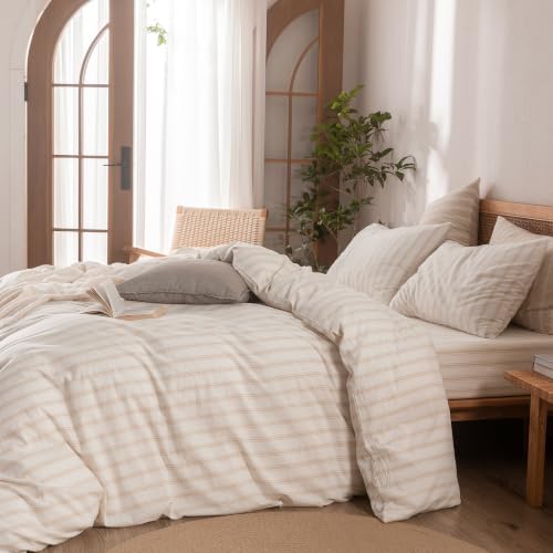 BESTOUCH Striped Cotton Duvet Cover Set Linen Feel Queen - Image 4