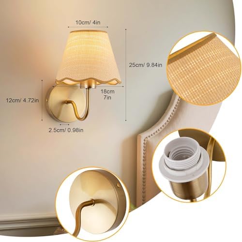 ADISUN Battery Operated Wall Sconce Set of 2, Gold Wall Lamps Rechargeable Bulbs for Living Room, Rattan Shade Wireless Wall Lights for Bedroom Living Room Hallway Kitchen(2 Bulbs Included) - Image 2