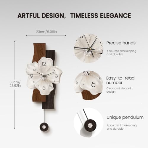 Flower Wall Clocks Battery Operated Decorative with Pendulum 9*24in,Brown - Image 7