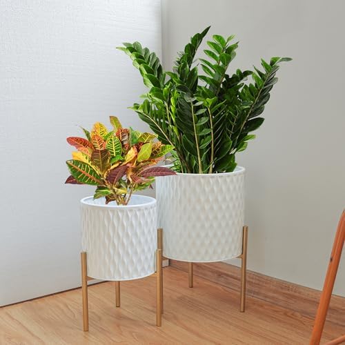 ARNIS Plants Pots with Stand, Set of 2 P lanters, Unique Mid Century Decorative Metal Flower Pots with Drainage, 8.25 & 10.5 Inch, White and Gold - Image 2