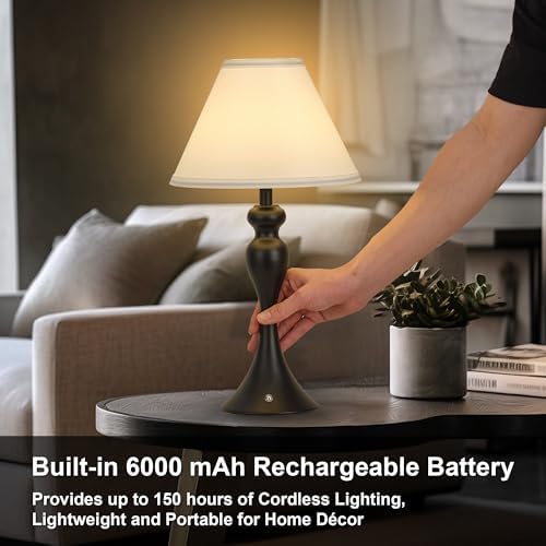 Cordless Table Lamp Rechargeable, Battery Night Light Fabric Shade, Black - Image 3