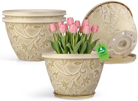 Nooulap 8 Inch Plant Pot, Beige Flower pots, 4 Pack by Nooulap