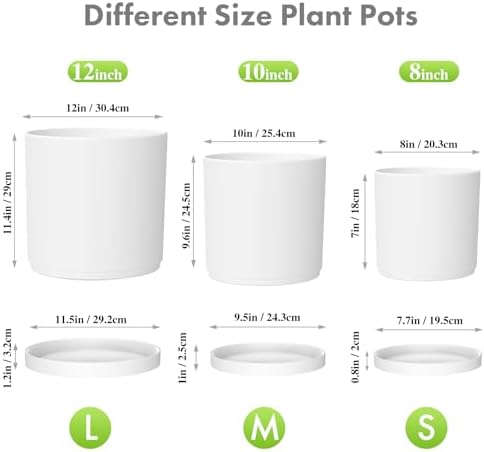 Meowell 12/10/8 inch Large Plant Pots, 3 Pack Deep Cylinder Flower Pots for Outdoor Indoor Plants, Tall Plastic Planters with Drainage Holes and Saucers for Garden House Plants, White - Image 2