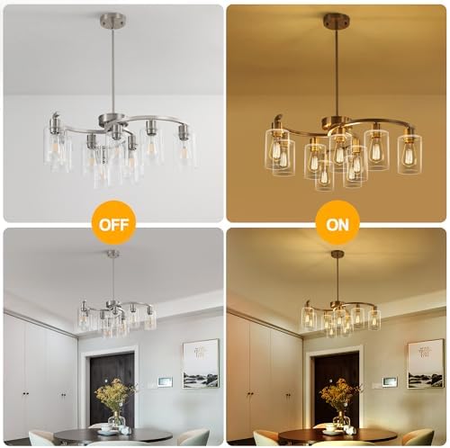 CNRATYE 9-Light Brushed Nickel Glass Chandelier, Adjustable Height Hanging Industrial Dining Room Chandelier Over Table, Modern Farmhouse Chandelier for Kitchen Island Living Room Entryway Bedroom - Image 5