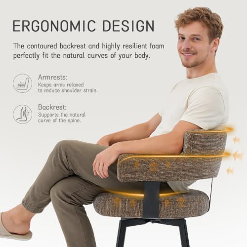 30 Inch Bar Stools Set of 2 with Full Back, Swivel Bar Chairs with Linen Padded Back, Metal Footrest, Modern Bar Height Stools for Kitchen Island, Dining, Living Room, Brown - Image 3