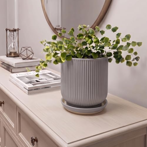 Deep Dream 6 Inch Ceramic Pots for Plants, Heavy Plant Pot for Indoor Outdoor Plants, Large Plant Pot with Drainage Hole and Saucer, Modern Tall Flower Pot, Gifts for Plant Lovers, Grey - Image 2