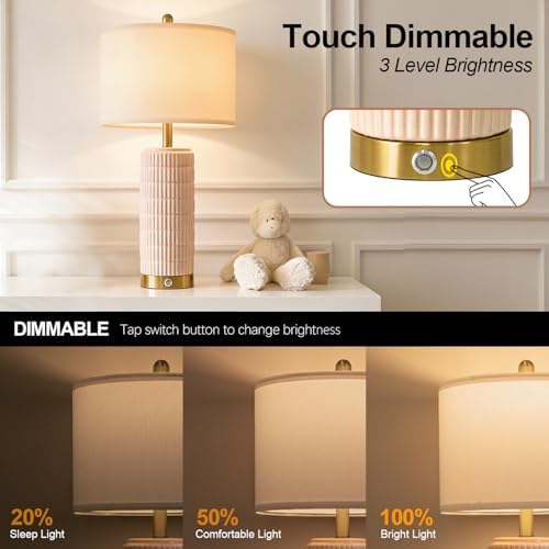 PoKat 25'' Table Lamps Set of 2 for Bedroom with 3-Way Dimmable Touch Control, Bedside Lamps with USB A+C Ports for Living Room, Modern Ceramic Pink Lamps for Kids Girls Decor (2 Bulbs Included) - Image 3
