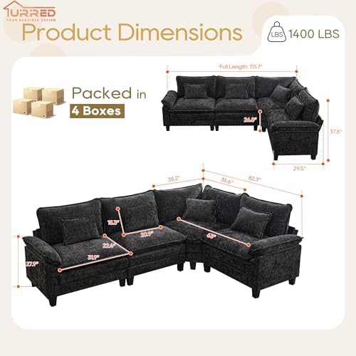 URRED Oversized Modular Sectional Sofa，Black：116" V Shaped - Image 2
