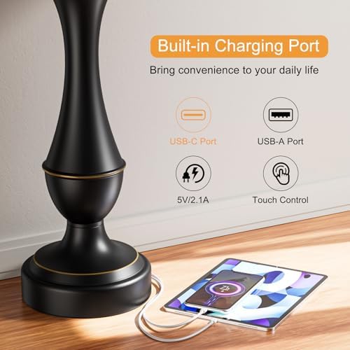 Touch Lamps for Nightstand, 3 Way Dimmable Lamps for Bedroom with USB C+A - Image 5