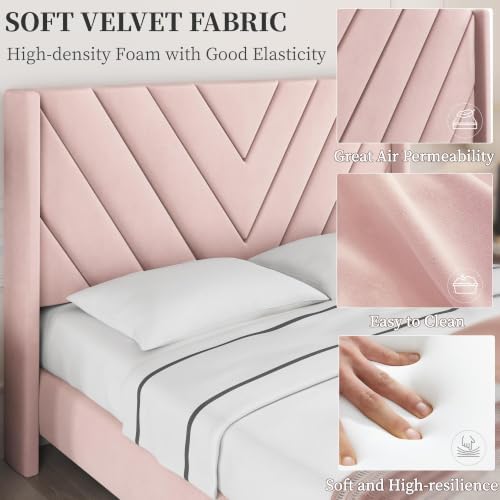 Yaheetech Queen Bed Frame with Chevron Channel-Tufted Headboard, Pink - Image 6